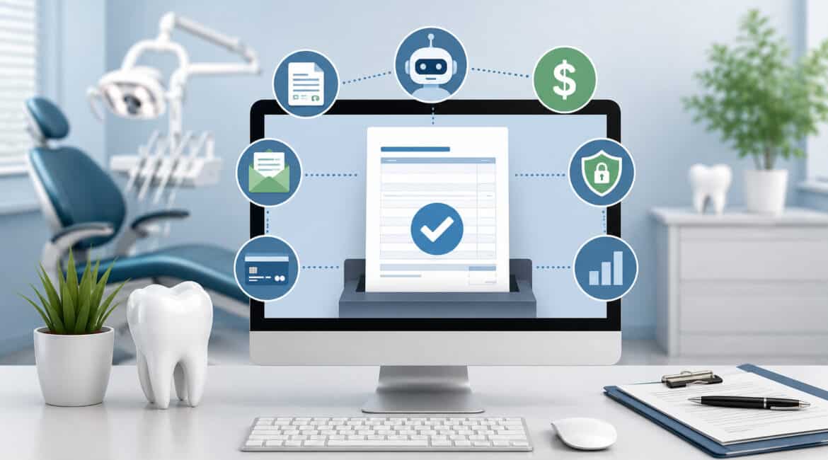 Automated billing system illustration for a dental office featuring digital invoicing, secure payment processing, scheduling icons, and financial automation tools in a modern clinic environment