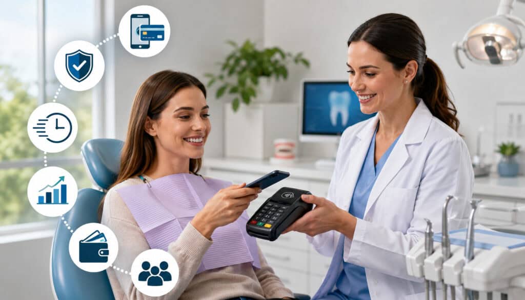 Dentist using mobile credit card processing device for contactless patient payment in a modern dental clinic