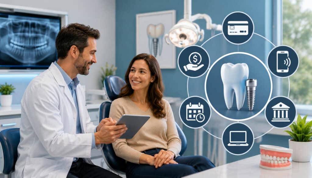Dentist discussing flexible payment processing options for high-ticket dental procedures with patient in modern dental clinic