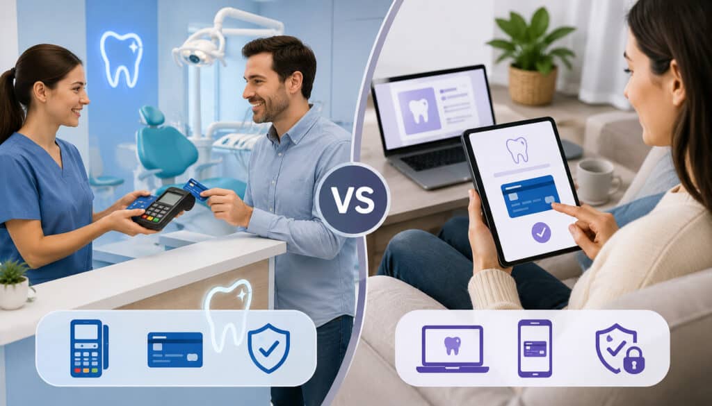 Illustration comparing card-present and card-not-present payment methods in a dental clinic, featuring in-office card terminal transactions and secure online dental bill payments on digital devices