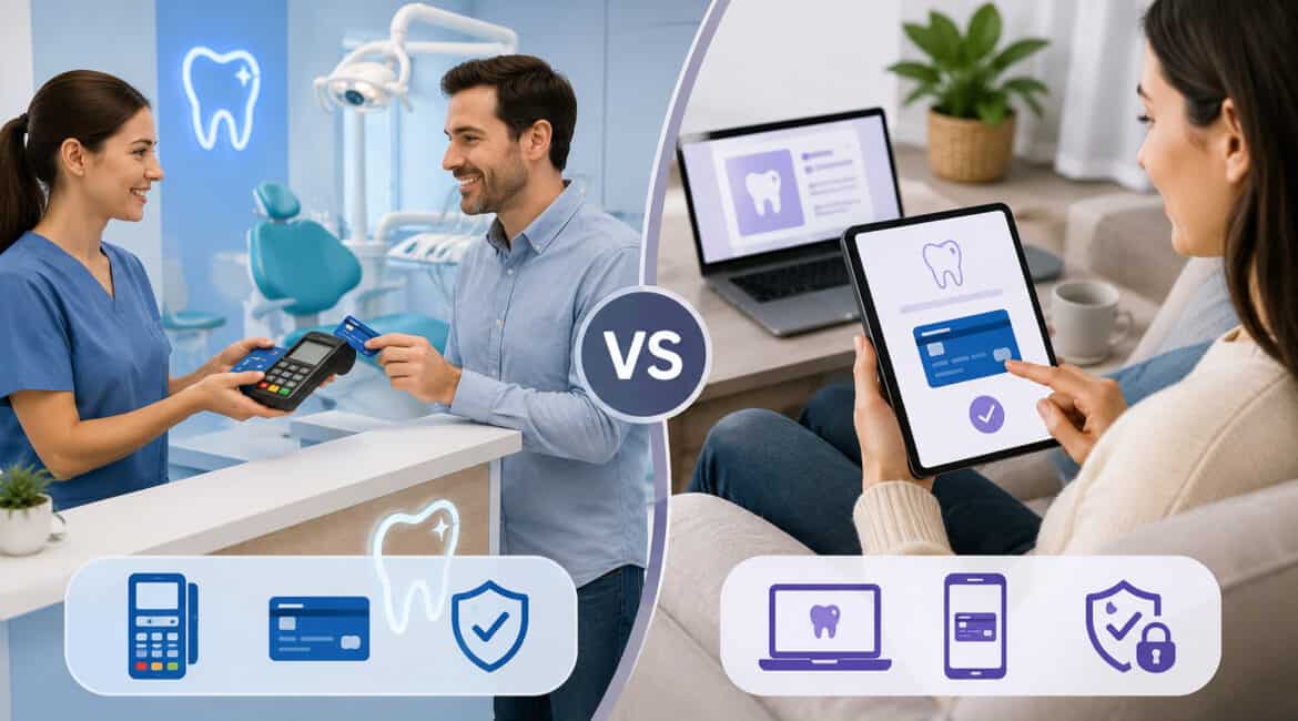 Illustration comparing card-present and card-not-present payment methods in a dental clinic, featuring in-office card terminal transactions and secure online dental bill payments on digital devices