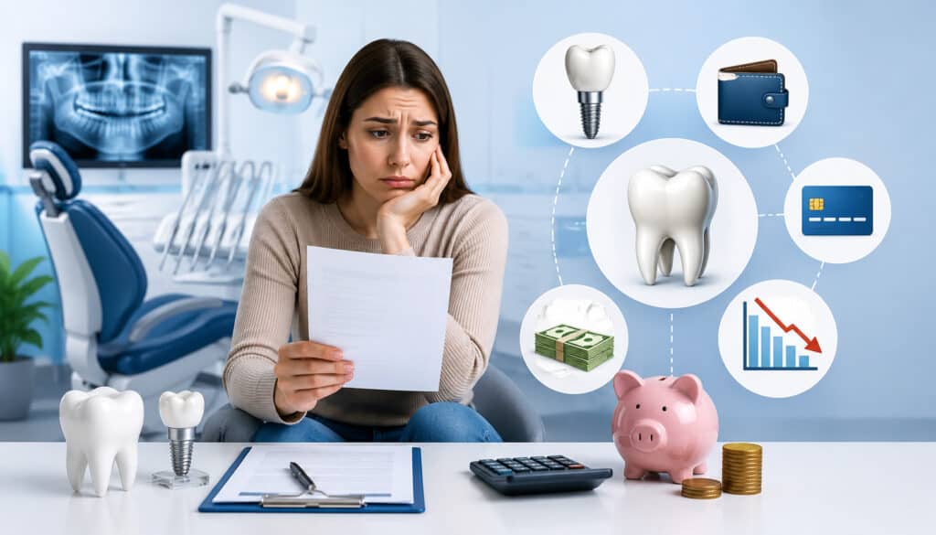 Illustration of a dental patient reviewing treatment costs with payment icons, dental implants, credit card, and financial planning elements in a modern dental clinic