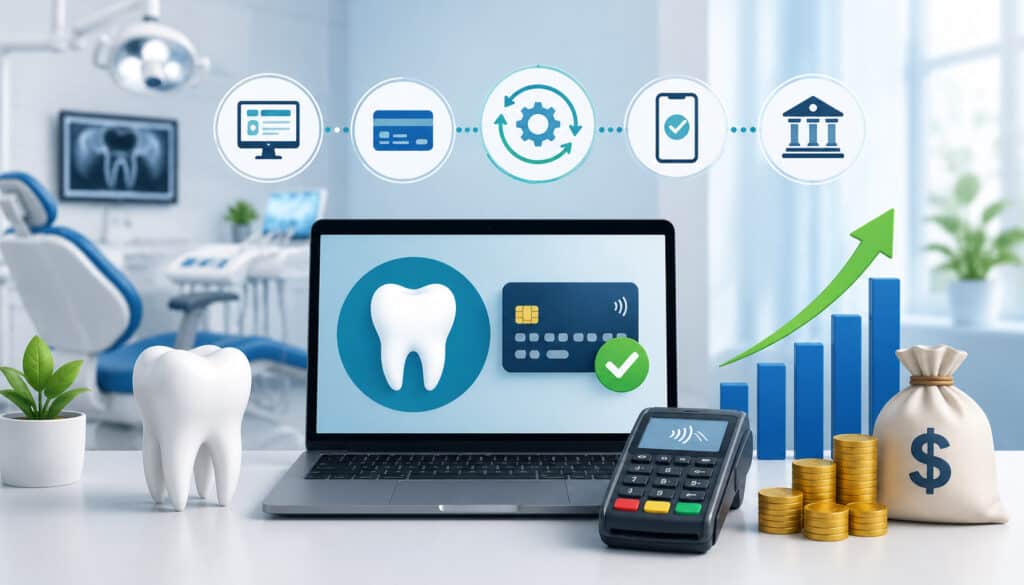 Modern dental office using automated digital payment systems with laptop, card terminal, financial growth chart, and cash flow management icons