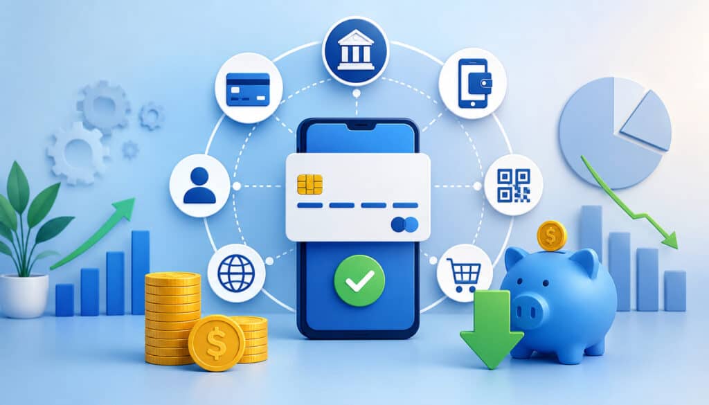 Integrated payment system dashboard connecting POS terminals, online payments, invoices, and financial analytics to illustrate cost reduction and streamlined business operations