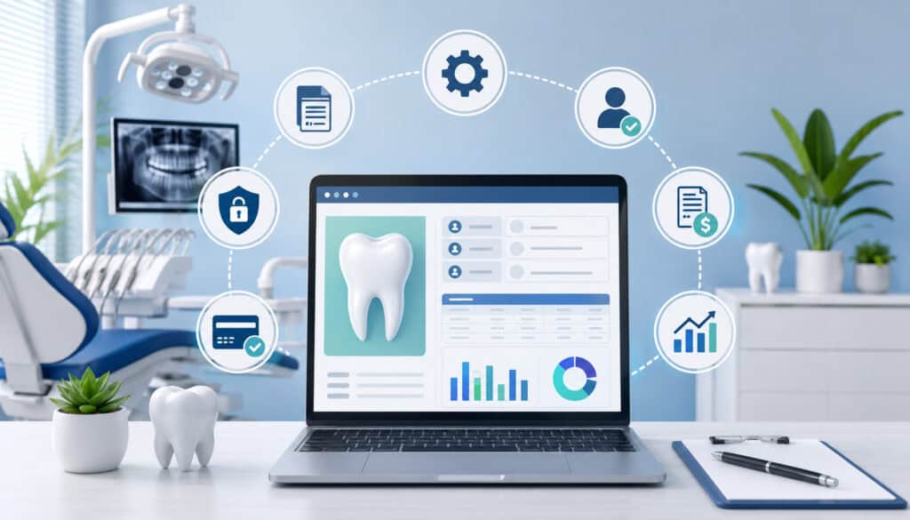 Illustration of dental billing automation software dashboard with dental clinic background, billing icons, analytics charts, patient records, payment processing, and healthcare management tools