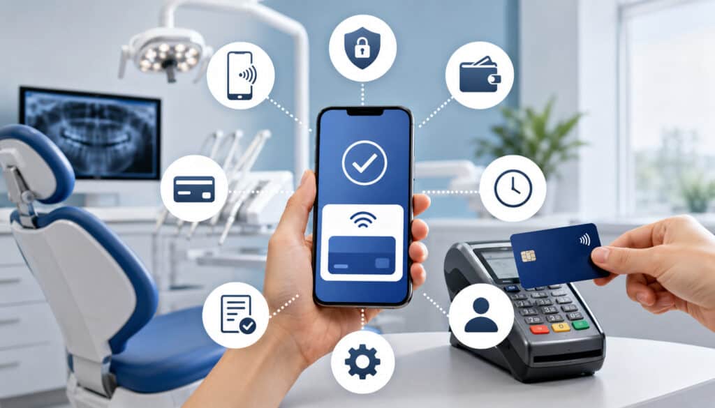 Mobile payment system in a modern dental office with smartphone contactless payment, POS terminal, and digital security icons