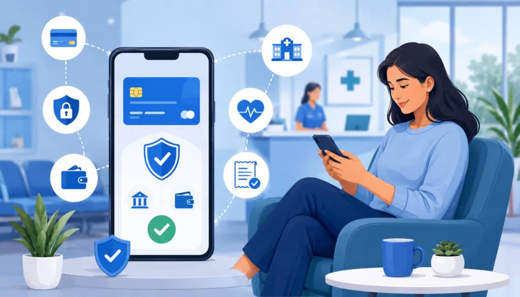 Patient using a secure online healthcare payment portal on a mobile device with medical icons, digital billing interface, and convenient cashless payment elements in a modern healthcare setting