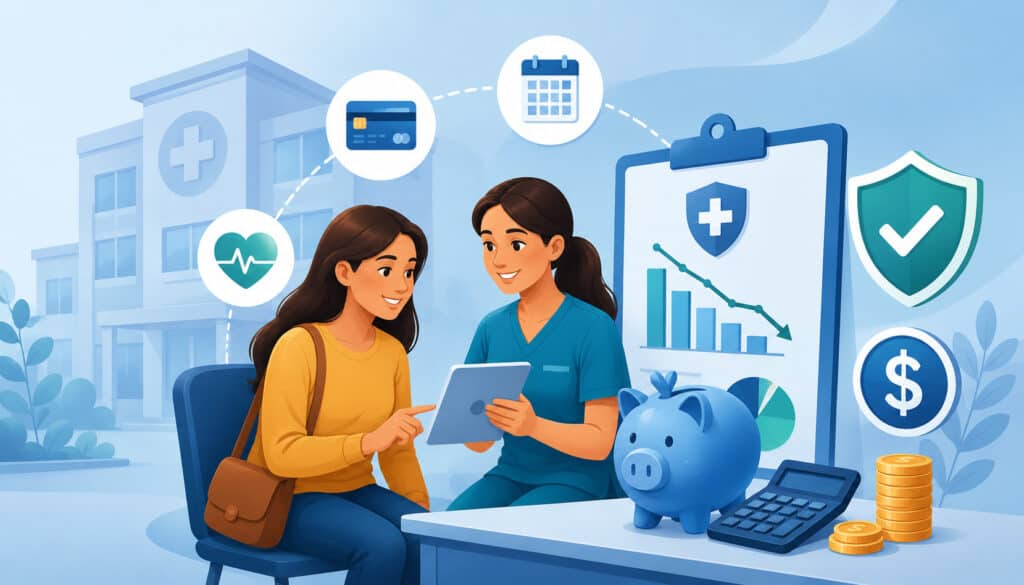 Healthcare provider discussing patient payment plans and medical cost control options with a patient using digital financial tools and budgeting icons