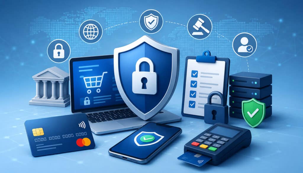 Illustration of secure digital payment processing with cybersecurity shields, encrypted transactions, compliance icons, biometric authentication, and financial data protection interface in a modern fintech environment
