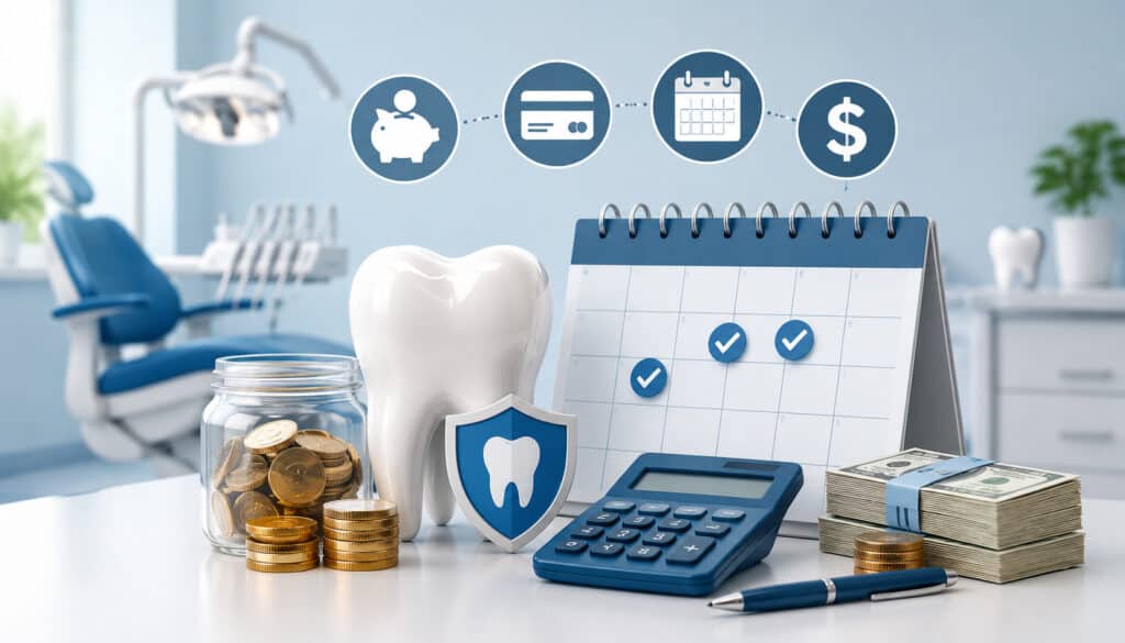 Illustration of treatment deposit planning with scheduled payments, dental care savings, calendar reminders, calculator, and financial icons in a modern clinic setting