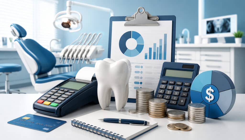 3D illustration of dental payment processing costs with payment terminal, calculator, financial charts, coins, and dental clinic background