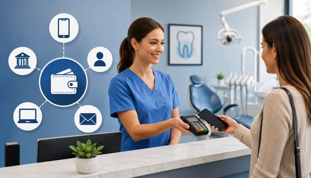 Patient making a card-not-present digital payment at a modern dental office reception with online payment and healthcare finance icons in the background