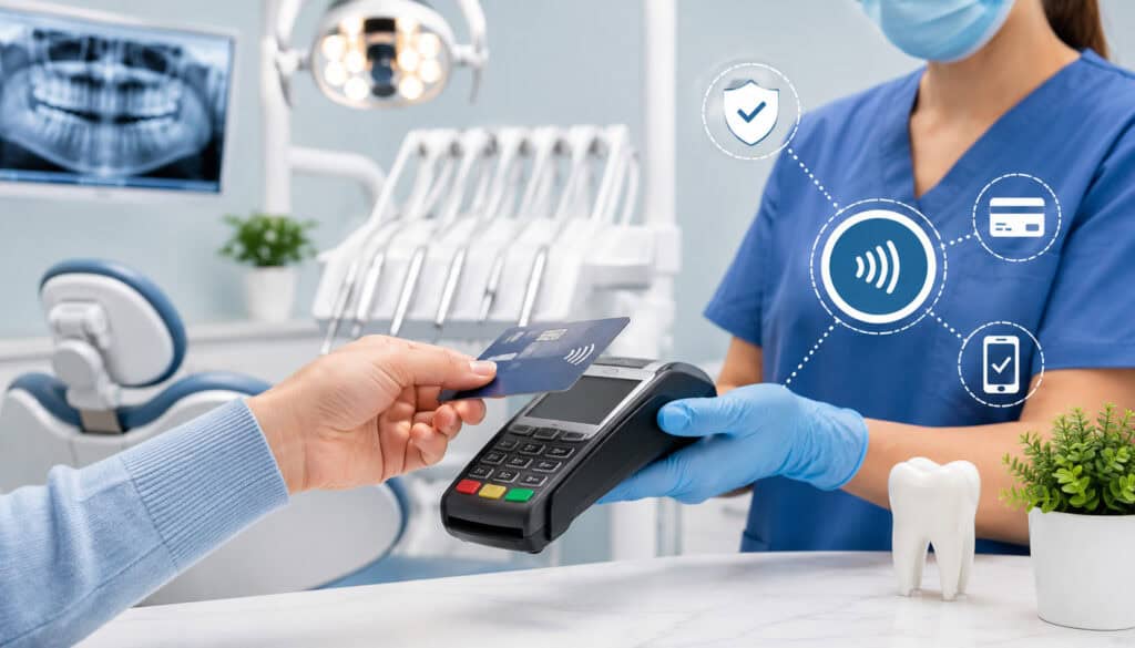 Patient making a contactless card payment at a modern dental clinic reception with POS terminal, dental equipment, and secure digital payment icons in the background