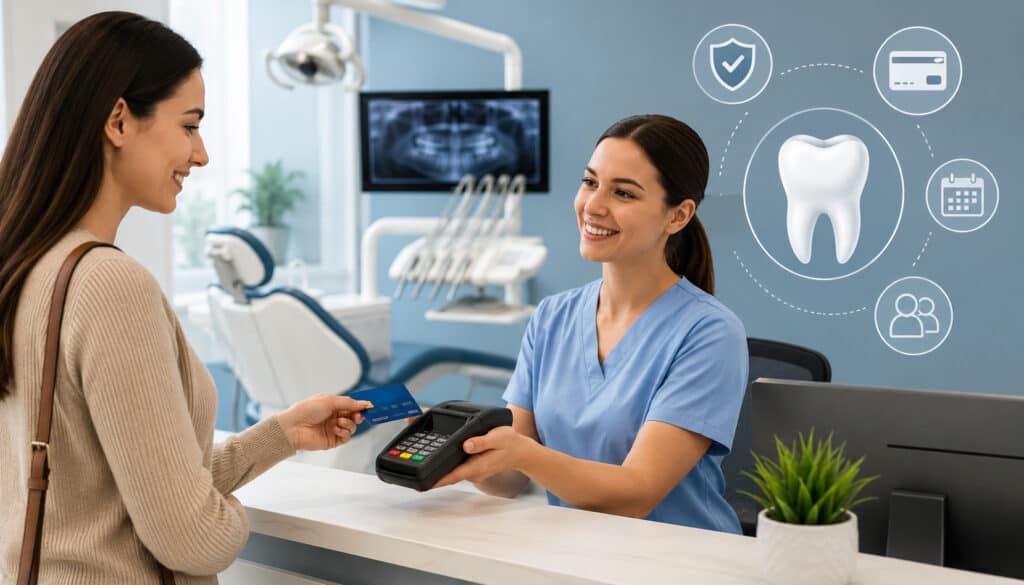 Patient making a secure card-present payment at a modern dental office reception desk with dental equipment and healthcare payment icons in the background