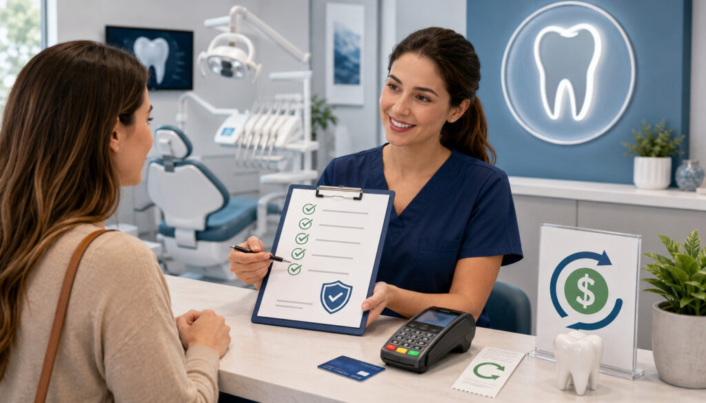 Dental staff explaining a refund policy to a patient